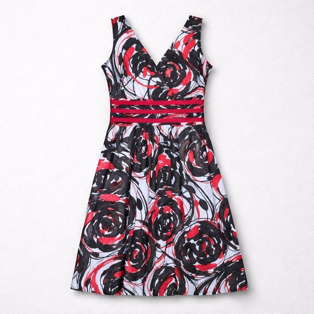 East‎ 5th Petite Pink Black Abstract Floral Fit Flare Dress 4P V-Neck Sleeveless